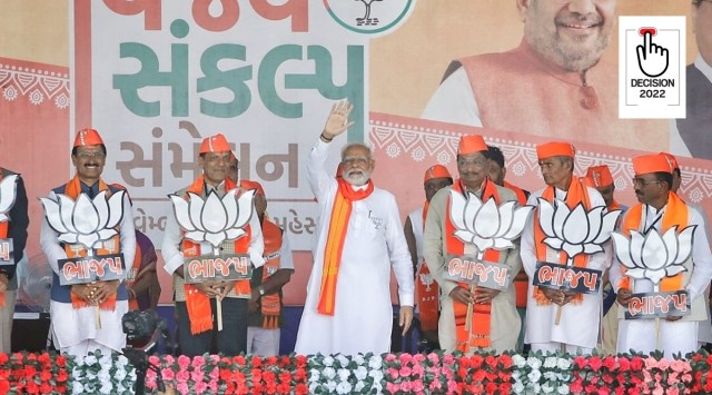 Prime Minister Narendra Modi during a public meeting at Mehsana, Gujarat. (Express photo by Nirmal Harindran)