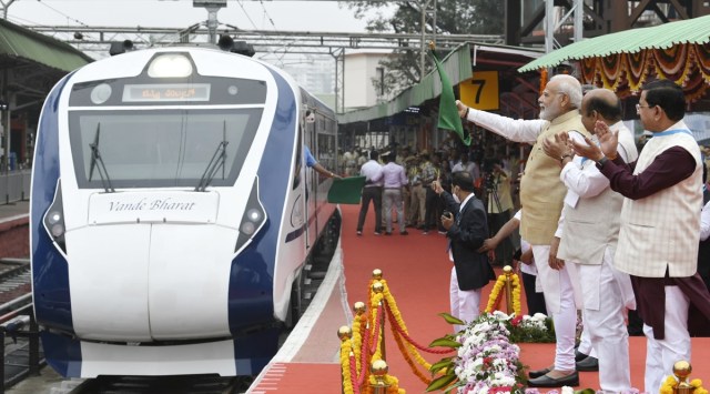 Prime Minister Narendra Modi flags off the KSR Bengaluru – MGR Chennai Central Vande Bharat Express on Friday. (Photo: Twitter/@narendramodi)