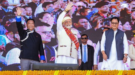 Prime Minister Narendra Modi with Union Minister of Law and Justice Kiren Rijiju and Arunachal Pradesh Chief Minister Pema Khandu during the inauguration of Donyi Polo Airport, Arunachal Pradesh’s first greenfield airport, in Itanagar, Saturday, Nov. 19, 2022. (PTI)