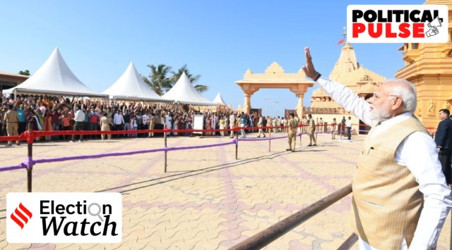 Prime Minister Narendra Modi at Somnath temple. (Express Photo by Nirmal Harindran)