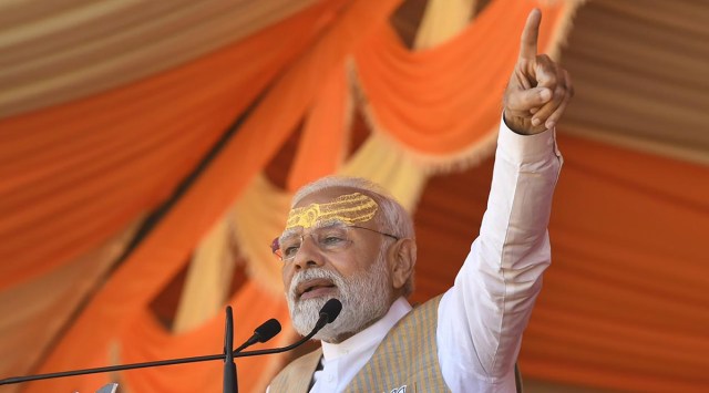 Prime Minister Narendra Modi speaks during a public meeting ahead of the Gujarat Assembly elections, at Veraval in Gir Somnath district, Sunday, Nov. 20, 2022. (PTI Photo)