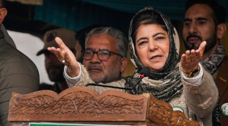 Peoples Democratic Party (PDP) President Mehbooba Mufti addresses a youth convention at Sher-e-Kashmkir Park, in Srinagar, Sunday, Nov. 27, 2022. (PTI Photo)