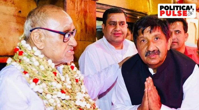 Mukesh Agnihotri with Shri Shri 1008 Sugreevanand Ji Maharaj and Acharya Hemanand. (Express photo)
