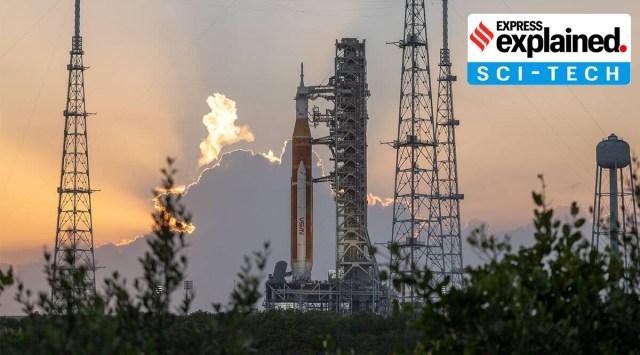 NASA’s new moon rocket sits on Launch Pad 39-B on Monday at Kennedy Space Center. (Image credit: NASA / Twitter)