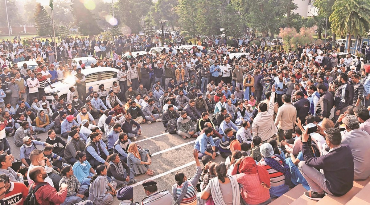 During the protest in Chandigarh on Wednesday. (Express Photo)