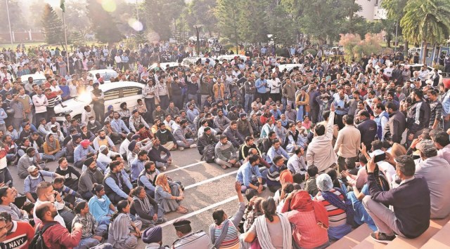 During the protest in Chandigarh on Wednesday. (Express Photo)