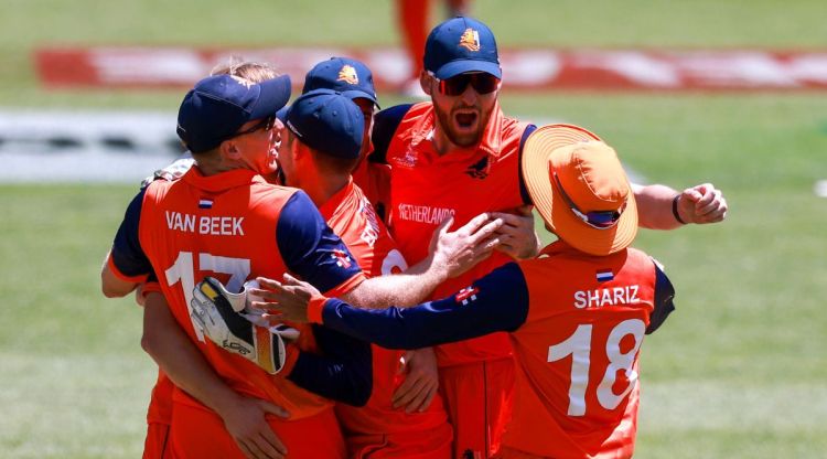 Netherlands players embrace after defeating South Africa in their T20 World Cup cricket match in Adelaide. (AP)