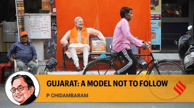 A temporary statue of PM Narendra Modi installed at Khadia iin Ahmedabad as part of BJP campaign for Gujarat state elections 2022. (Express photo by Nirmal Harindran)