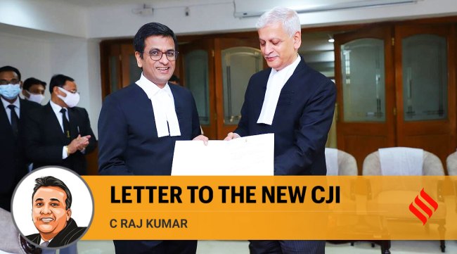 CJI UU Lalit (Right) hands over a letter recommending Justice DY Chandrachud as his successor. (Express photo)