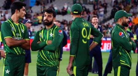 Pakistan players wait for presentation ceremonies after losing to England in the final of the T20 World Cup Cricket tournament at the Melbourne Cricket Ground in Melbourne, Australia, Sunday, Nov. 13, 2022. (AP Photo/Asanka Brendon Ratnayake)