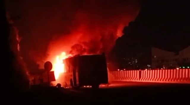 A PMPML bus caught fire near Chandani Chowk area of Pune on Monday evening.(Express Photo)