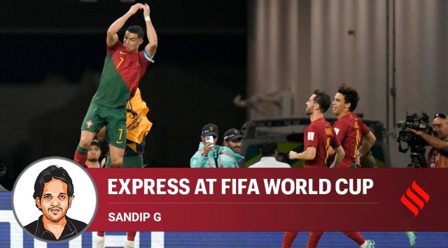 Portugal's Cristiano Ronaldo celebrates after scoring his side's first goal during the World Cup group H soccer match between Portugal and Ghana, at the Stadium 974 in Doha, Qatar, Thursday, Nov. 24, 2022. (AP Photo/Hassan Ammar)