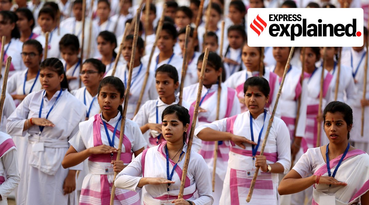 A foot march by the RSS women's wing in Lucknow in May 2022. (Express Photo: Vishal Srivastav. File)