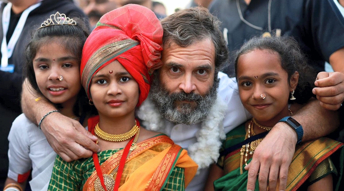 Congress leader Rahul Gandhi with young supporters during the party's 'Bharat Jodo Yatra', in Buldhana district, Sunday, Nov. 20, 2022. (PTI Photo)