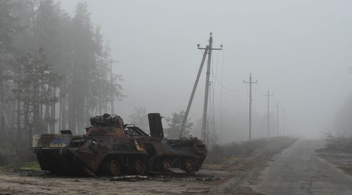A destroyed Russian military vehicle seen near the recently recaptured village of Yampil, Ukraine, Wednesday, Nov. 9, 2022. (AP Photo)