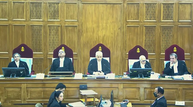 A bench of Supreme Court judges during a verdict on 10 per cent quota in colleges and government jobs for the poor or EWS (Economically Weaker Sections), in New Delhi. (PTI)