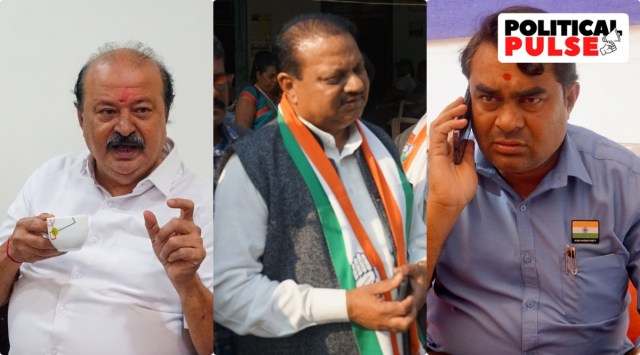 BJP's Purnesh Modi (Left), Congress's Poonabhai Gamit (Centre), AAP candidate Ram Dhaduk (Right) are fighting against each other in a three-way contest for the elections in Surat. (Express)