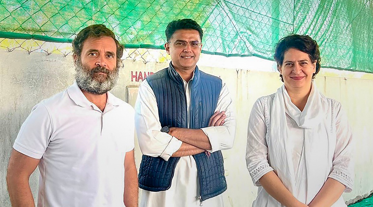 Congress leader Rahul Gandhi with his sister and the party's general secretary Priyanka Gandhi Vadra ans party leader Sachin Pilot during the Bharat Jodo Yatra in Khandwa, Madhya Pradesh, Thursday, Nov. 24, 2022. (PTI Photo) 