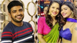Sathish (R) and Sunny Leone with Darsha Gupta (L) (Images: Instagram/Sathish/Dharsha Gupta)