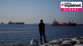 Cargo ships anchored in the Marmara Sea.