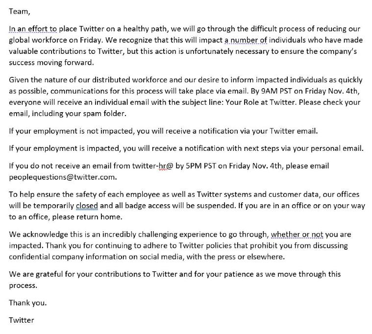 Twitter to start layoffs today Internal email Technology News The