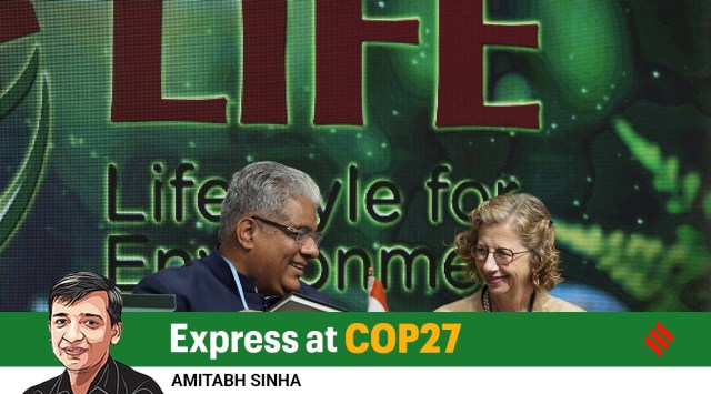 Union minister Bhupender Yadav with UNEP executive director Inger Andersen at the COP27 summit, Monday. (PTI)