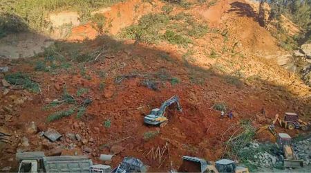 Rescue operation underway after a stone quarry caved in, at Maudarh in Hnahthial district. (PTI)