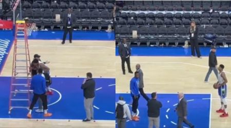 Giannis Antetokounmpo lost his cool and threw down a ladder because he wanted to practice his free throw shooting. (Twitter)
