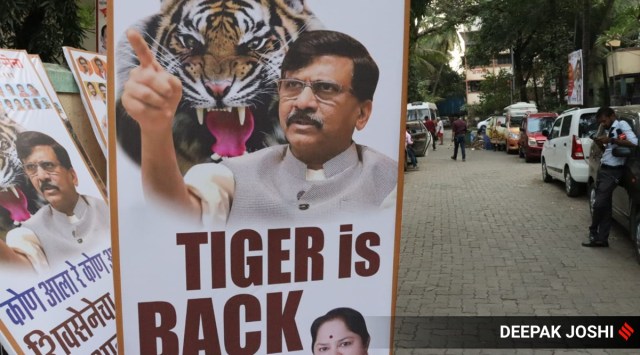 Welcome banners put up outside Shiv Sena MP Sanjay Raut's house after he was granted bail by the court on Wednesday. (Express photo by Deepak Joshi)