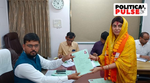Rivaba Jadeja filed her nomination papers as an assembly candidate from the Bharatiya Janata Party for Jamnagar North, on November 14, 2022. (Express Photo)
