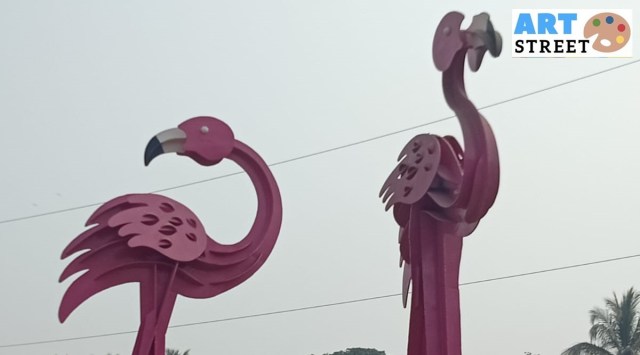 The flamingos are made out of iron from scrap of old ships, a material Khambatta regularly uses. (Express photo by Amit Chakravarty)