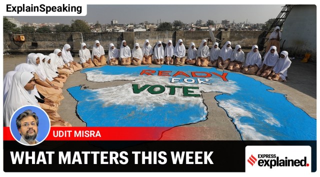 Primary school students created a rangoli with a message for Gujarat to get ready for voting ahead of upcoming Assembly election. (Express photo by Nirmal Harindran)