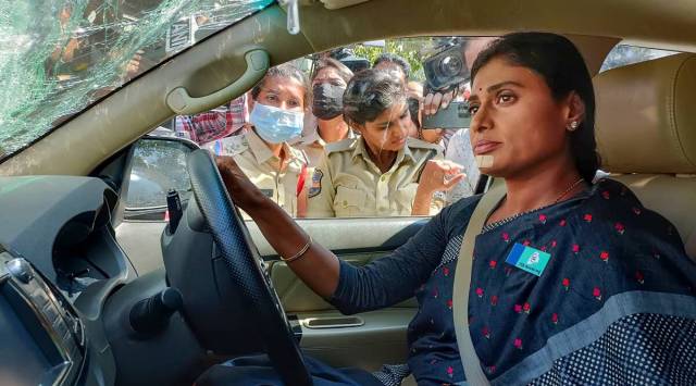 YSRTP chief YS Sharmila on her way to the residence of the Telangana Chief Minister in Hyderabad on Monday. (PTI)