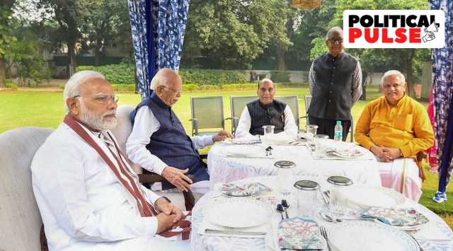 Prime Minister Narendra Modi with Defence Minister Rajnath Singh and others meet veteran BJP leader Lal Krishna Advani on the latter's birthday, in New Delhi, November 8, 2022. (PTI)