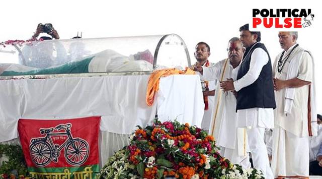 Samajwadi Party leader Akhilesh Yadav during of his Father Mulayam Singh Yadav's funeral. (Express photo by Vishal Srivastav)
 