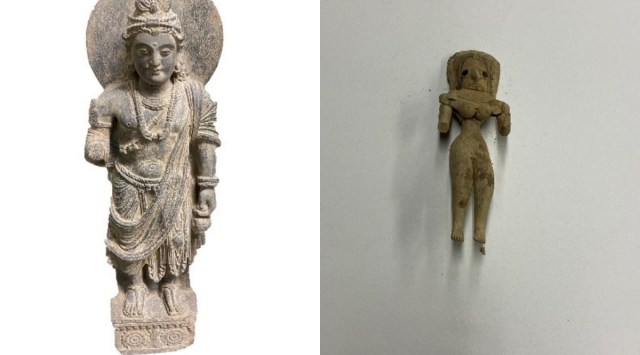 Gandharan statue from Pakistan that was looted and showed a maitreya, or enlightened form of the Buddha, and Mehrgarh dolls, dated 3500–2600 BCE that were stolen from a Pakistani Neolithic archaeological site. ( Photo source: manhattanda.org)