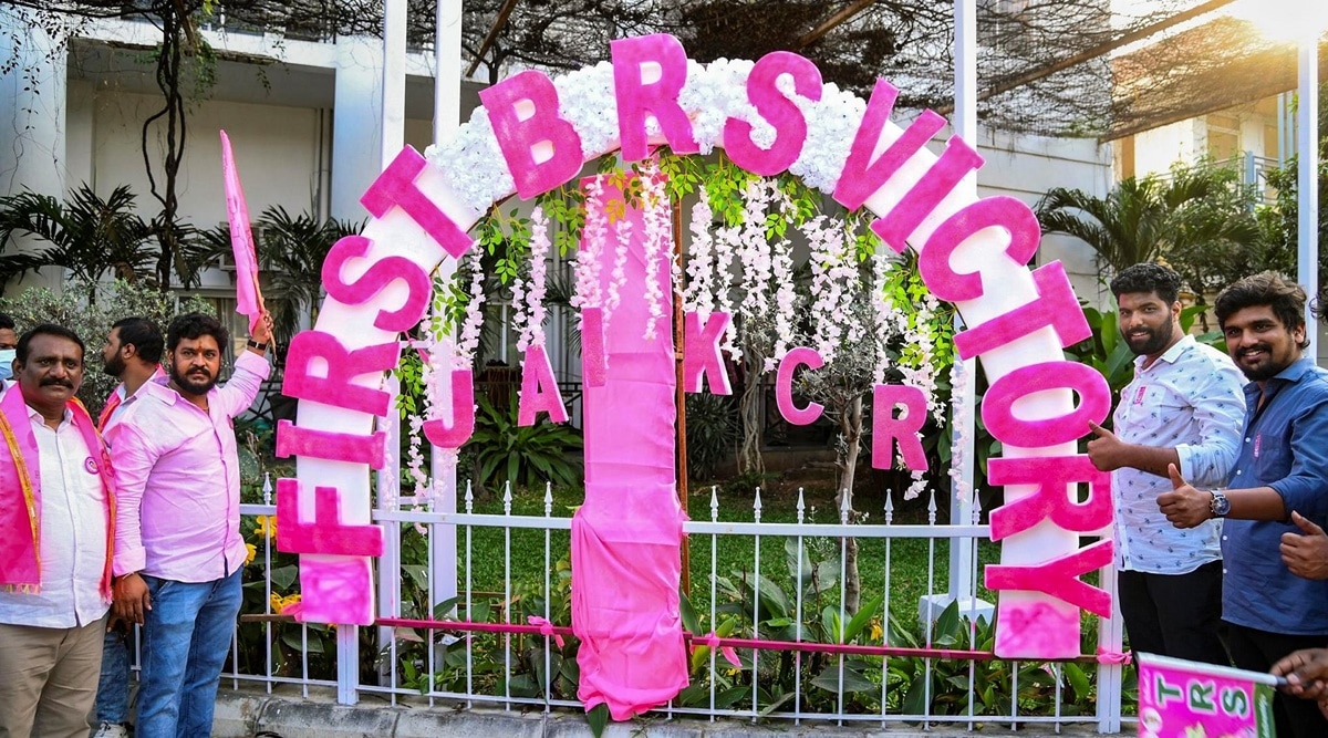 Bharat Rashtra Samithi supporters celebrate Munugode Assembly constituency by-election results, at TRS Bhavan in Hyderabad, November 6, 2022. (PTI)
