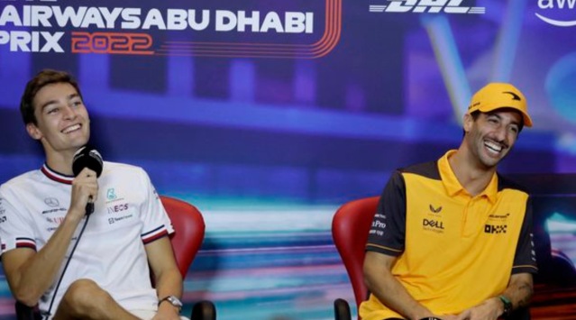 Mercedes' George Russell and McLaren's Daniel Ricciardo during the press conference. REUTERS/Leonhard Foeger