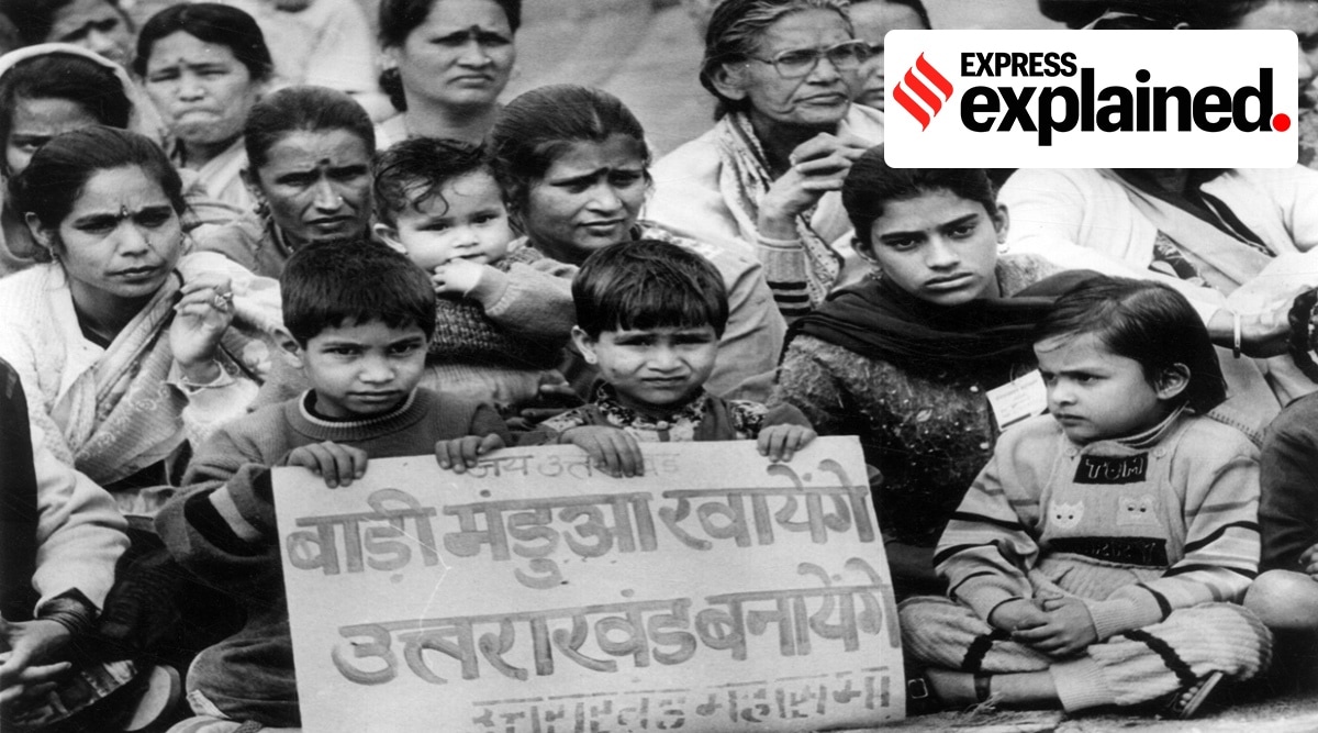 Supporters of the 'Uttarakhand Separation Movement' demonstrate in Delhi demanding a separate state named "Uttarakhand". (Express archive photo)