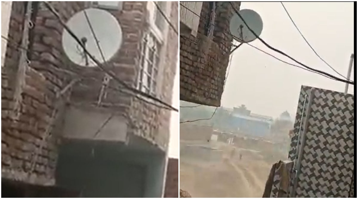 This is a combination image of screenshots of the viral video of the incident. In the left image, a building can be seen behind a TV antenna while in the right image, there is no structure behind the antenna. (Source-Express video) 