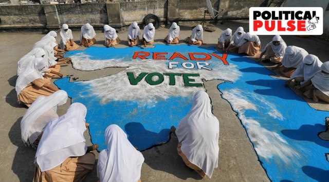 Students of Anjuman E-Islam primary school created a Rangoli on terrace of school premises with a message for Gujarat to get ready for voting. (Express file photo by Nirmal Harindran)