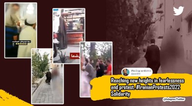 Protestors in Iran throw cleric’s turban, Turban throwing Iran protests, Iran anti-veil protests, anti veil protests Iran viral video, Mahsa Amini Iran, Indian express