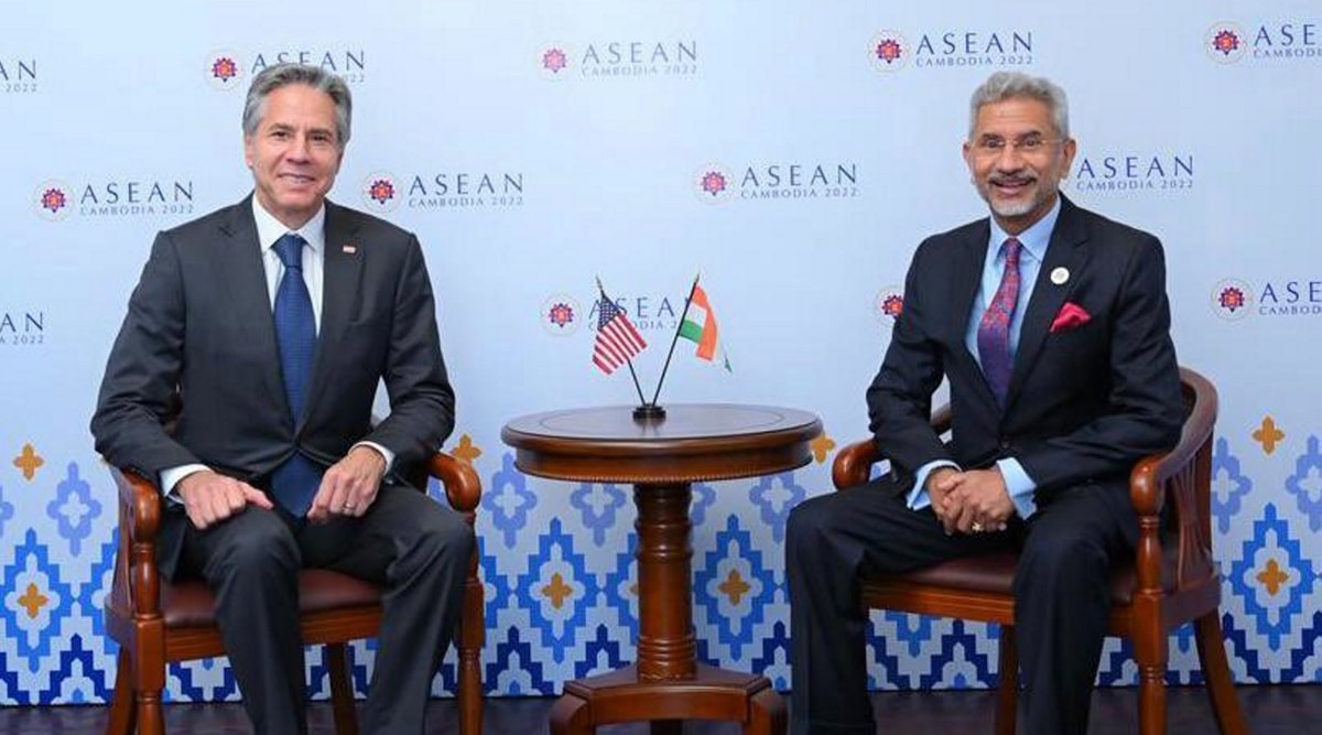 External Affairs Minister S Jaishankar with US Secretary of State Antony Blinken on the sidelines of ASEAN summit, in Phnom Penh, Cambodia. (PTI Photo)