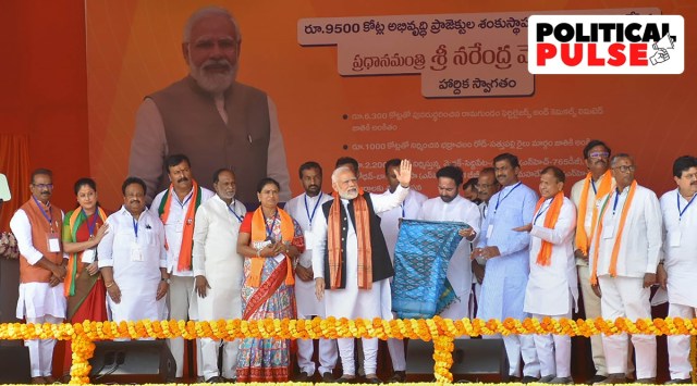 Prime Minister Narendra Modi with Union Minister G Kishan Reddy and others during a public meeting at Begumpet airport in Hyderabad. (PTI)
