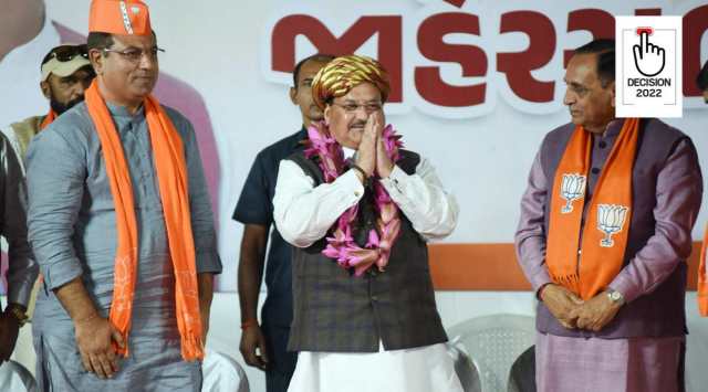 Rajkot: BJP National President JP Nadda during a public meeting ahead of Gujarat Assembly polls, in Rajkot, Friday, Nov. 18, 2022. Former CM Vijay Rupani is also seen. (PTI Photo)