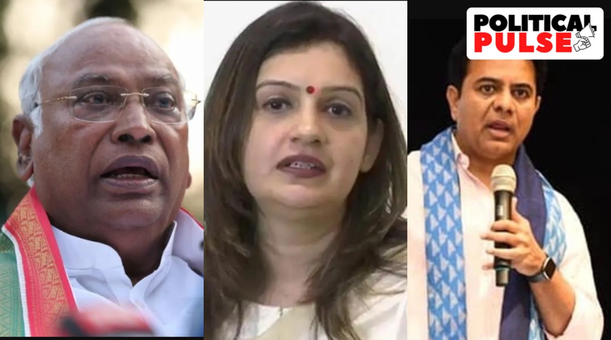 From left: Congress president Mallikarjun Kharge, Shiv Sena MP Priyanka Chaturvedi and TRS K T Rama Rao. (Express)