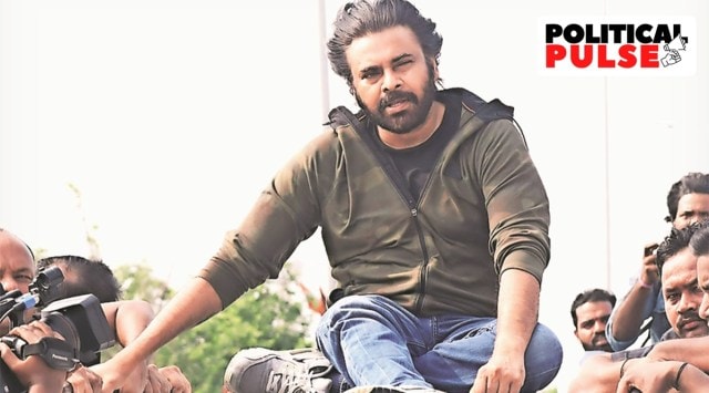Actor-politician Pawan Kalyan on the roof of his vehicle