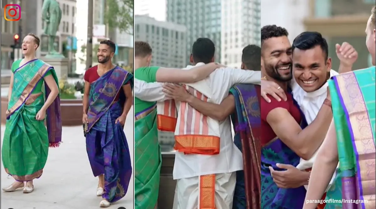Friends of Indian groom walk down Chicago street in sarees