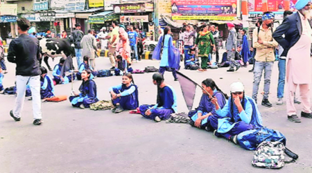 During the protest in Moga, Thursday. (Express Photo)
