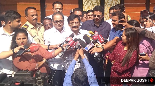 Shiv Sena MP Sanjay Raut addressing the media on Thursday. (Express Photo by Deepak Joshi)